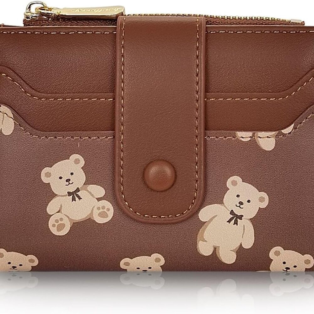 Women Wallet Faux Leather Compact Card Holder with Bear Print and ID Window